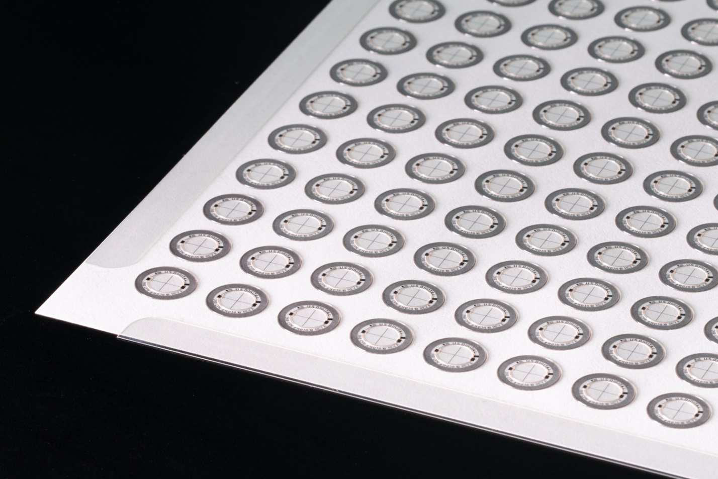 A vacuum channel in the work table lies under the edges of the sheet of disks. A Mylar 'picture frame' positioned above the vacuum channel creates a seal that holds the sheet in place.